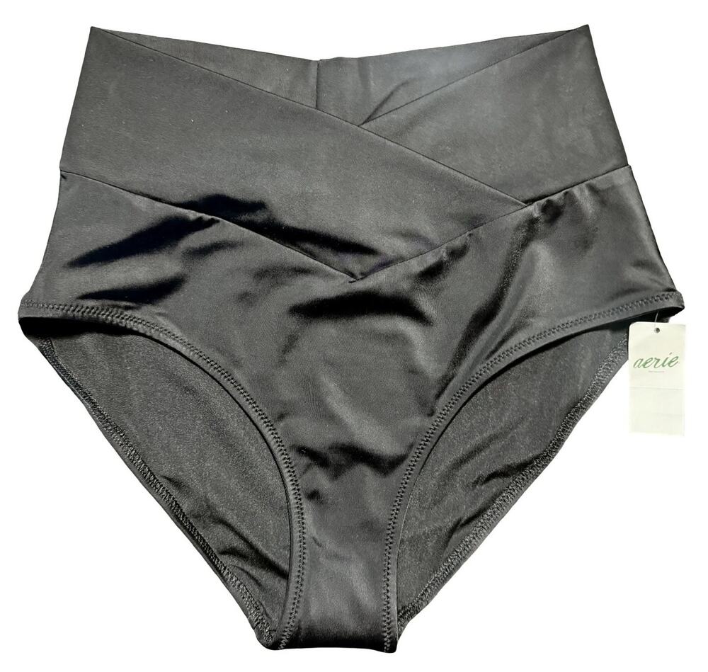 Aerie High Rise Full Coverage Crossover Bikini Bottom Black XS NWT Real Good